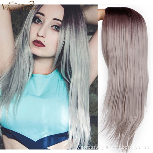 Vigorous Ombre Gray Long Silky Straight Middle Part Wigs Middle Part Synthetic Wig Heat Resistant Fiber Wig For Women